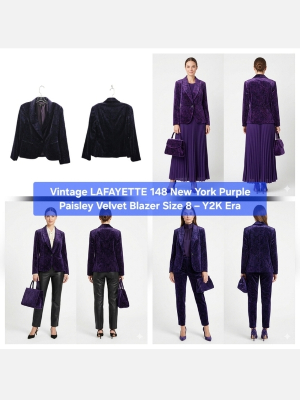 Vintage LAFAYETTE 148 New York Purple Paisley Velvet Blazer Size 8 Y2K Era